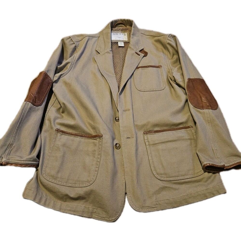 Orvis Zambezi Jacket Men Size Tan 2-Button Cotton Leather Trim Safari Field Coat